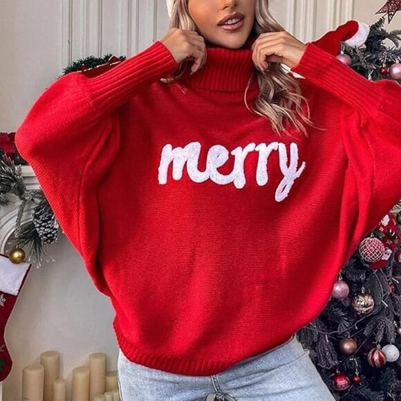 Oversized Christmas Red Sweater Women 2025 Merry Turtleneck Batwing Sleeve - Picture 3 of 6